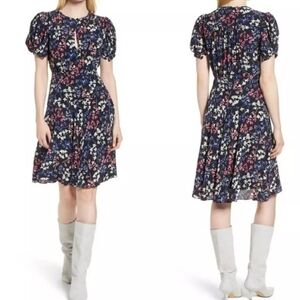 Lewit Puff Sleeve  💯%s silk A-Line Blue Floral Dress  Size 10 watercolor
